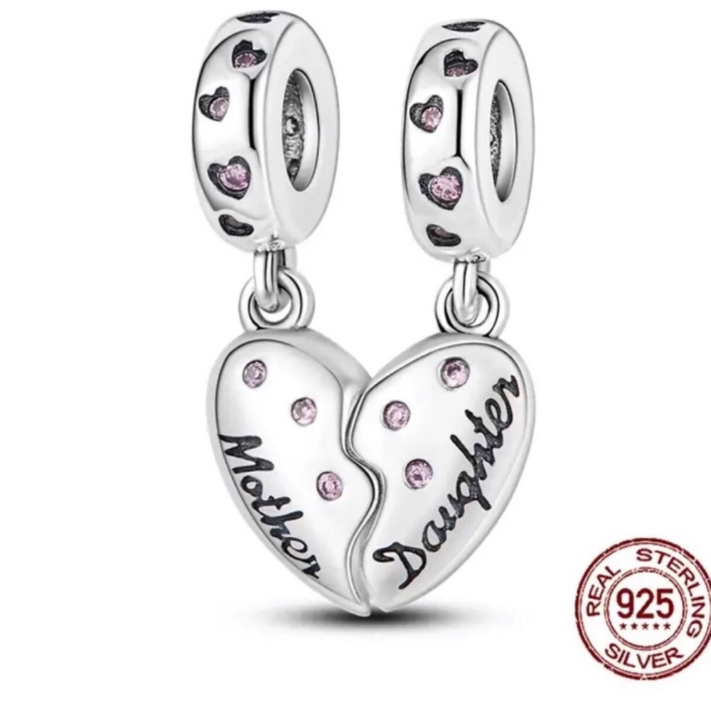 Sterling Silver Mother Daughter Split Heart Charm Pendant in Pink and Silver